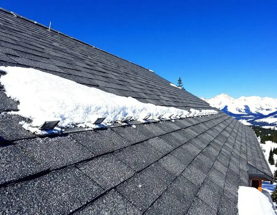 Metal snow guards fixed across a shingle roof holding back snow above the eave