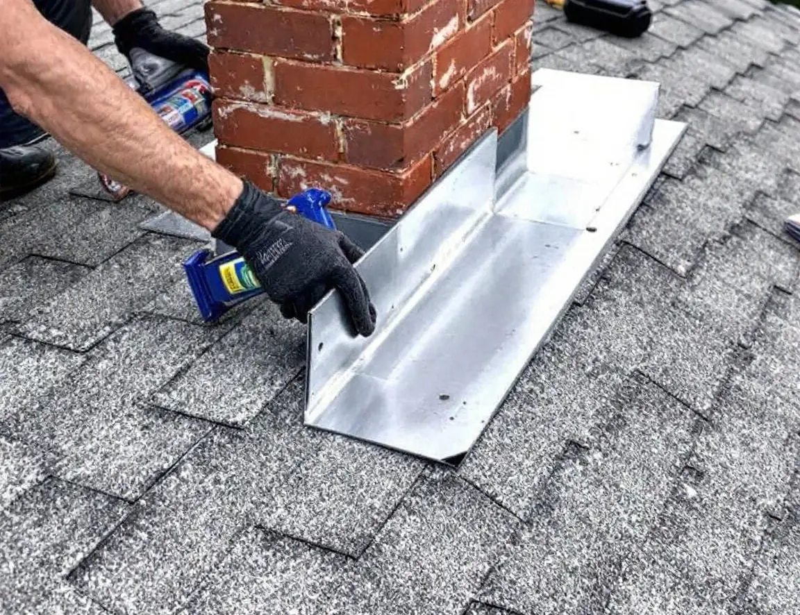 Roofer fitting new step flashing where a shingle roof meets a brick chimney
