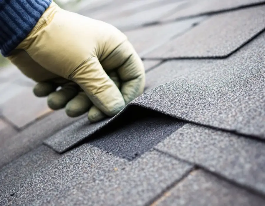 Gloved hand lifting a shingle tab that has lost its seal to the wind