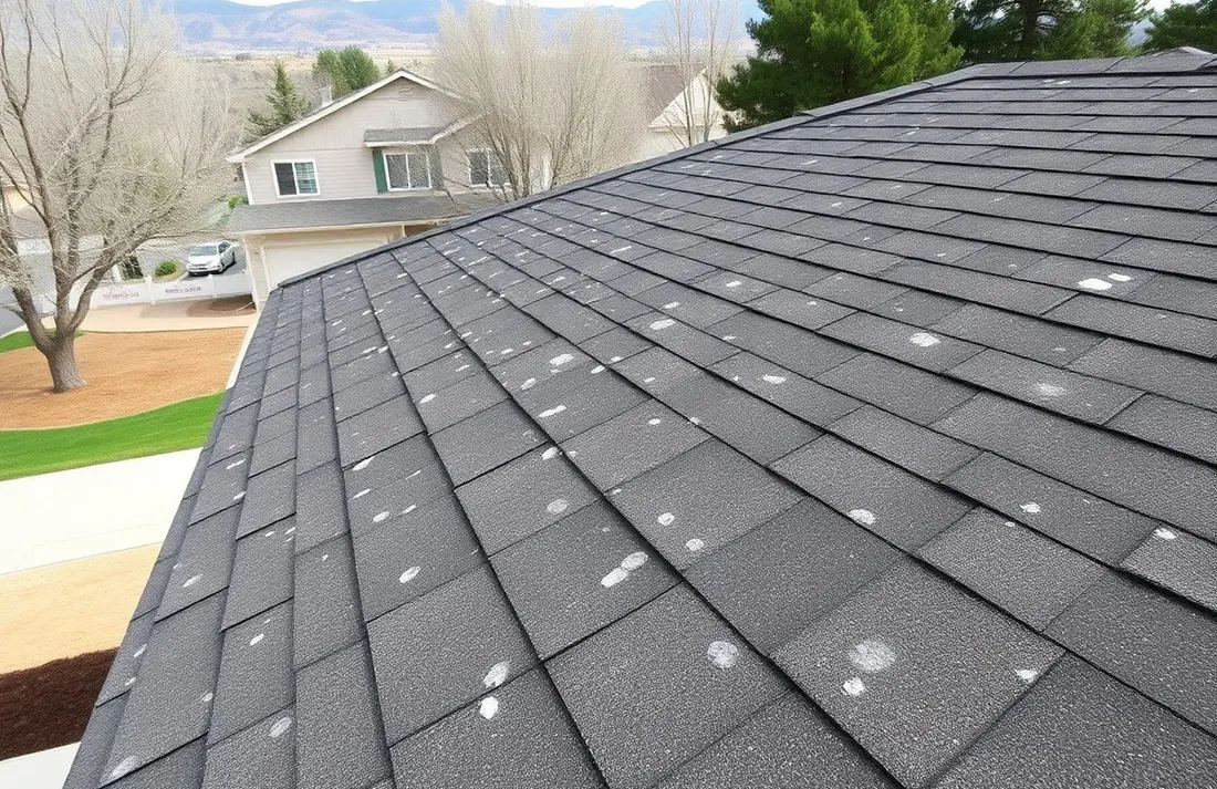 Hail-damaged shingles on an older roof after a Wasatch Front storm