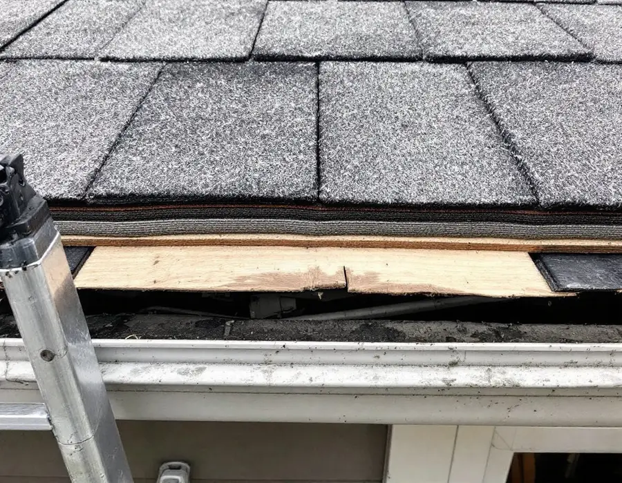 Eave edge showing three layers of old shingles stacked above the fascia