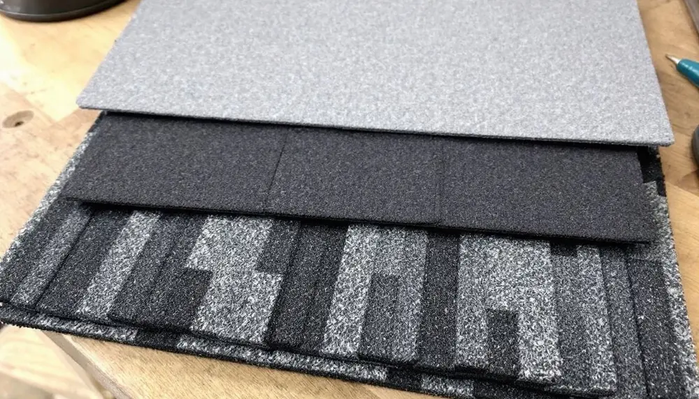 Three shingle tiers fanned on a bench: thin 3-tab, dimensional architectural, and thick designer