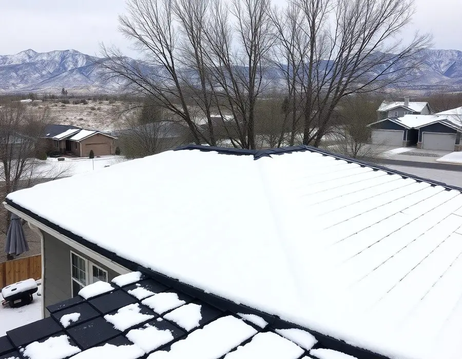 Snow-covered shingle roof with mountains behind it