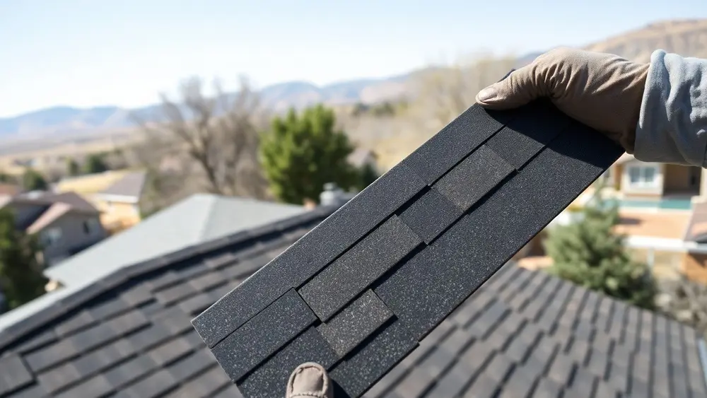 Impact-resistant architectural shingle held in a gloved hand