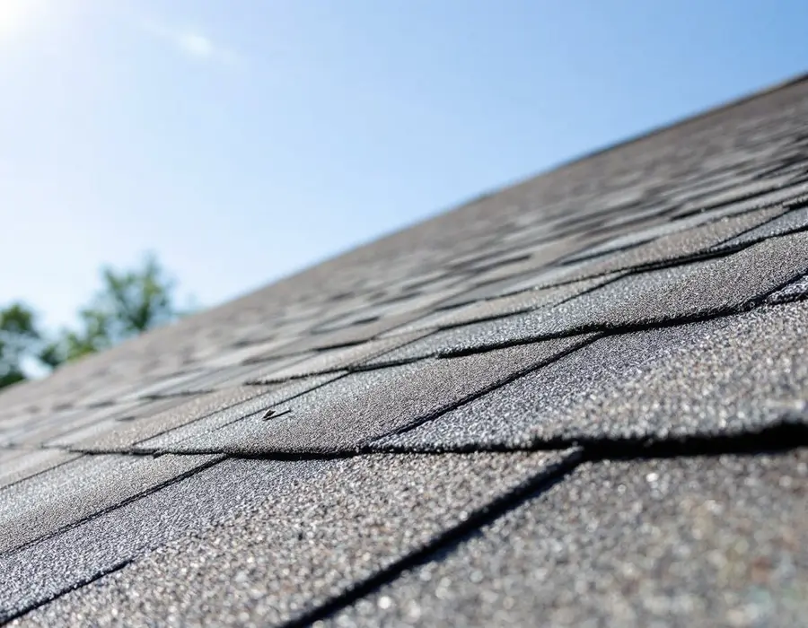 Fresh weathered-gray architectural shingles in raking sunlight