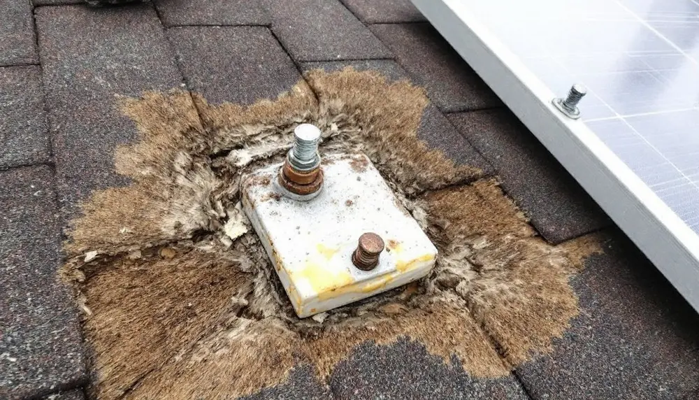 Old solar mount base on a roof with rusted bolts and cracked, caked sealant on worn shingles