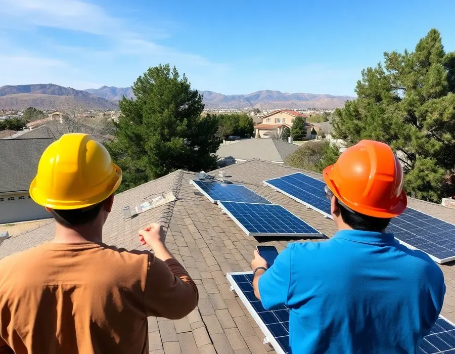 Adjuster and roofer documenting solar panels on a hail-damaged roof