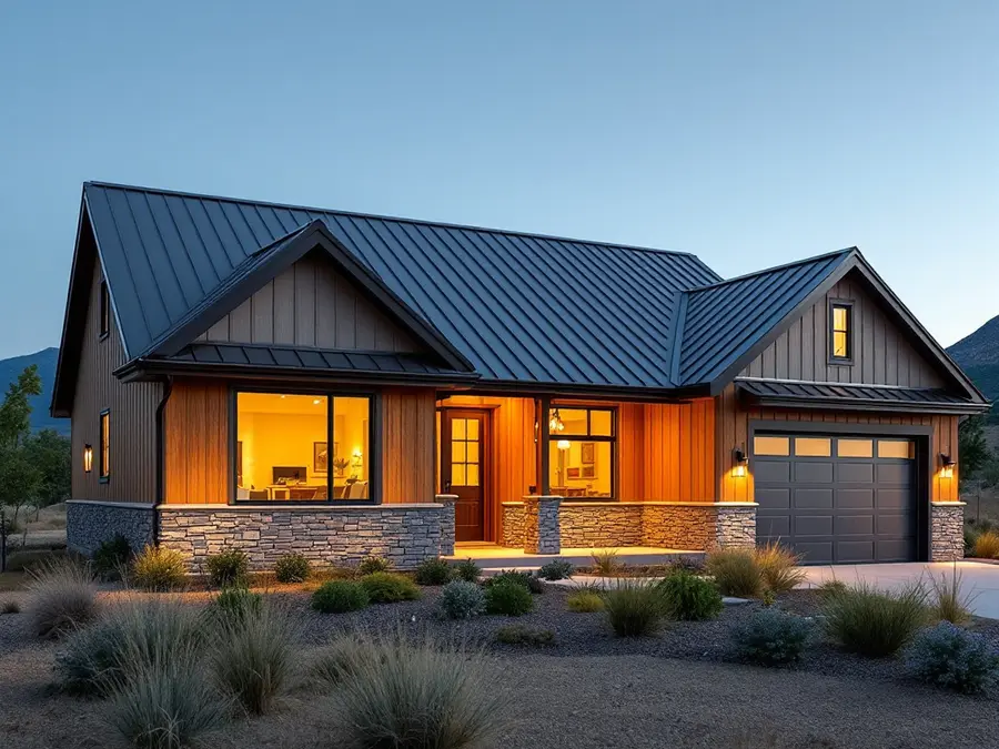 Modern home with a dark standing seam roof, stone and wood siding, lit windows at dusk