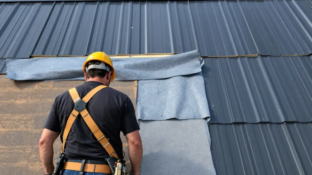 Roofer in a harness, seen from behind, installing standing seam panels over gray underlayment