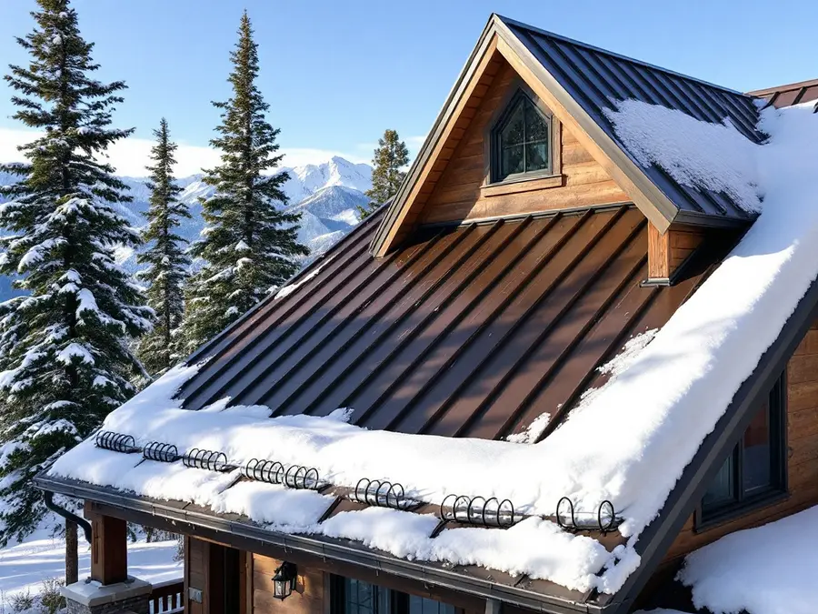 Mountain home with a brown standing seam roof under fresh snow, snow guards along the eave, pine trees around it