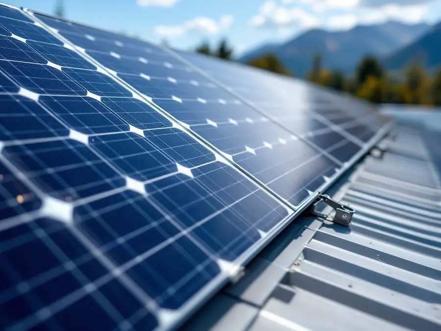 Solar panel clamped to the seams of a metal roof