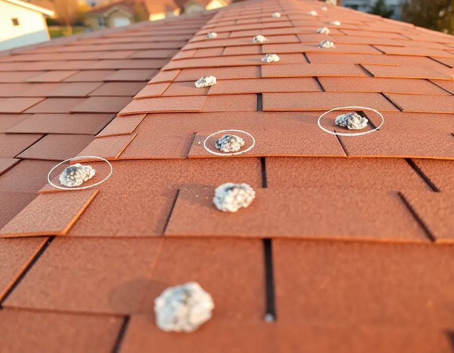 Hailstones and chalk marks on a shingle roof after a storm
