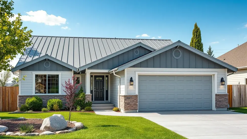 Suburban home with a gray metal roof and a matching garage