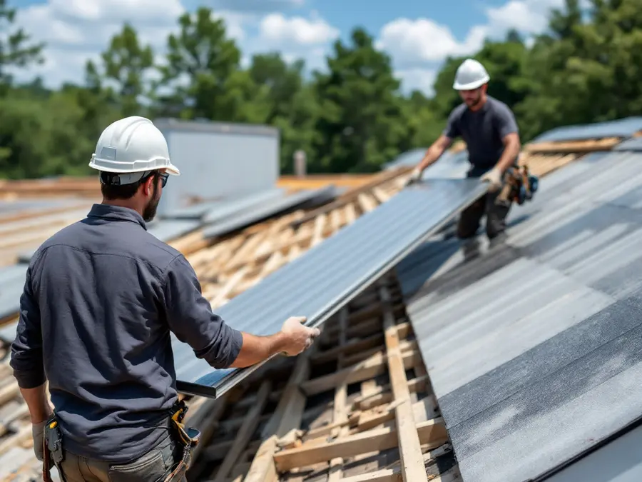 Two roofers carrying a long steel panel across a roof under re-roofing