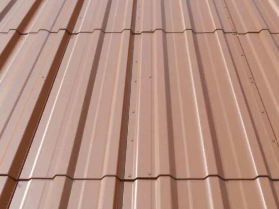 Close-up of tan ribbed steel roof panels