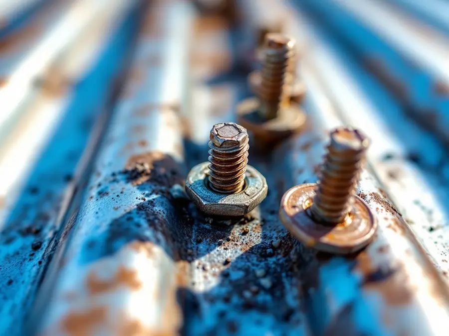 Close-up of roofing screws with rubber washers, one rusted and worn