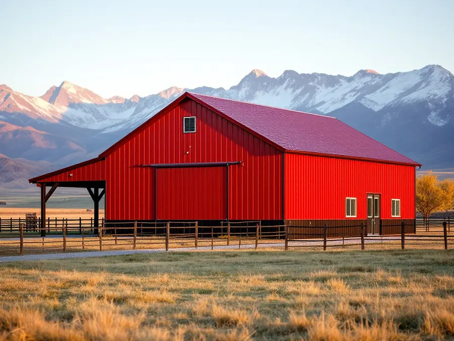 Red barn with a ribbed steel roof, wooden fence and mountains behind