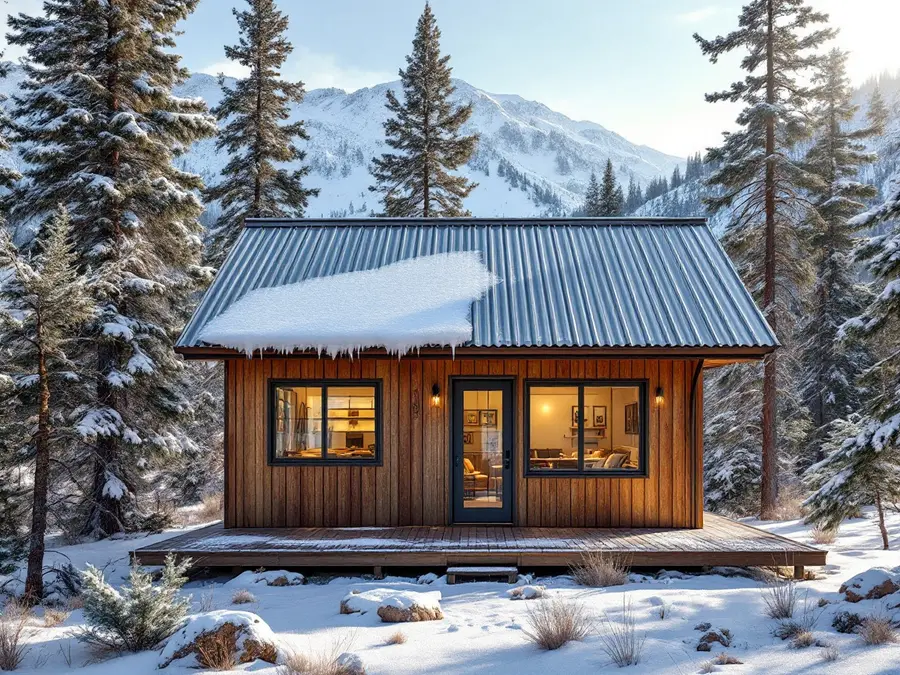 Cabin with a ribbed steel roof shedding snow among pine trees