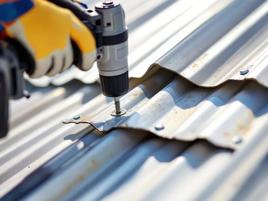 Gloved hand driving a sealing-washer screw into a steel roof panel