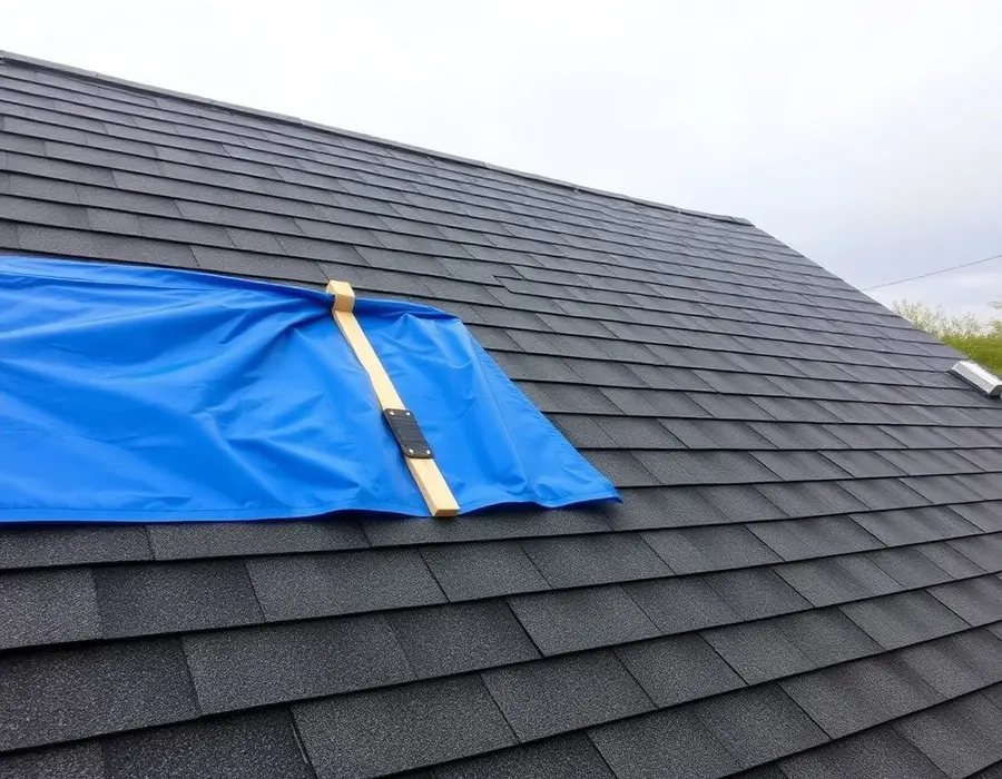 Blue tarp held down with a wood batten over part of a shingle roof
