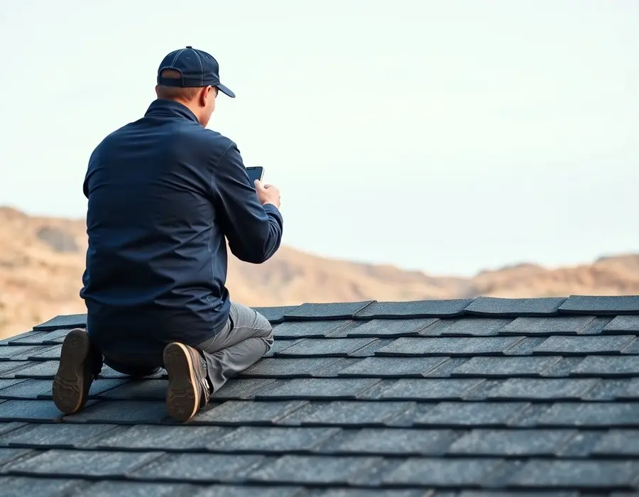 Inspector kneeling on a shingle roof taking photos with a phone, dry hills behind