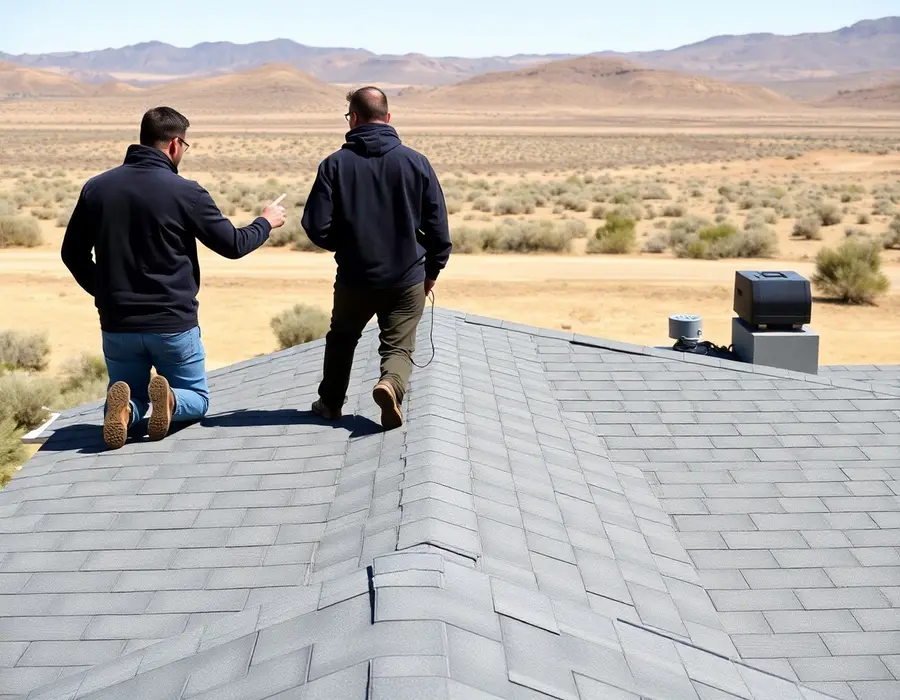 Two people in dark jackets on a gray shingle roof, one kneeling, dry hills and sagebrush behind