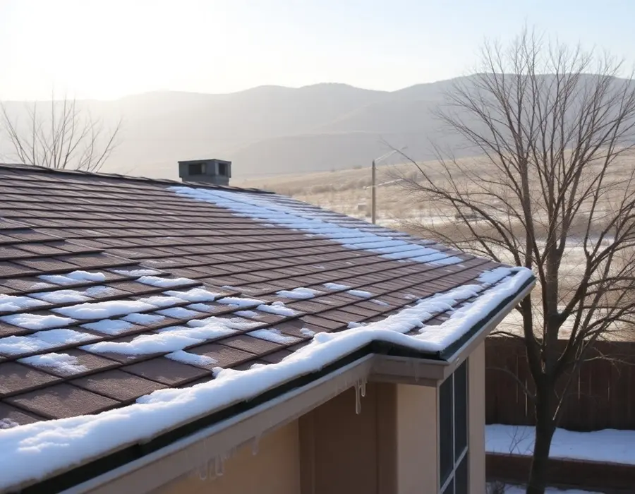 Thin snow and icicles along the eave of a shingle roof on a hazy winter morning