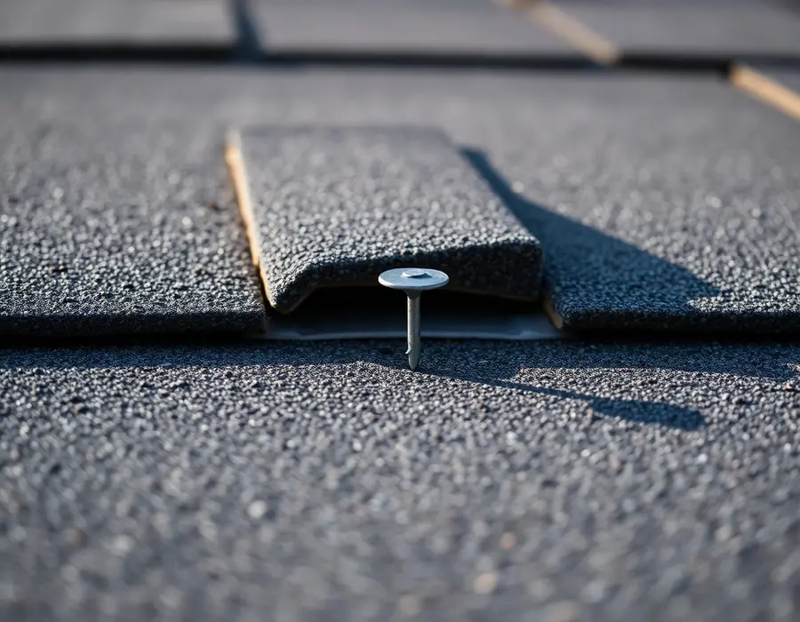 Lifted asphalt shingle tab with a backed-out roofing nail sticking up beneath it