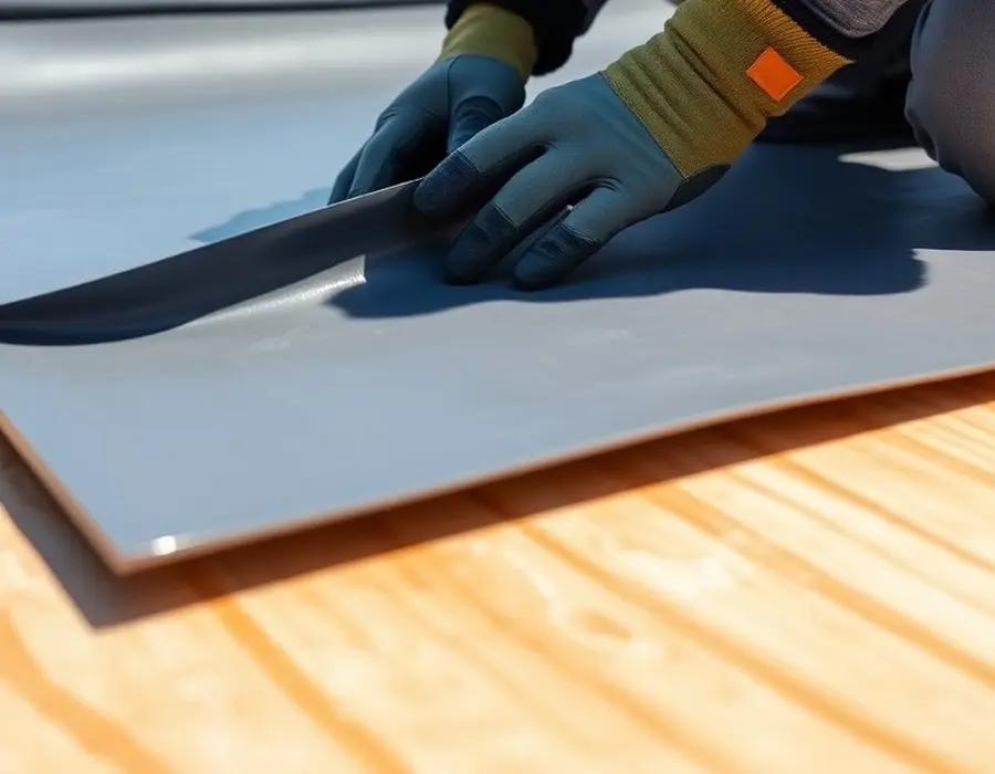 Gloved hands pressing ice-and-water membrane onto new plywood decking
