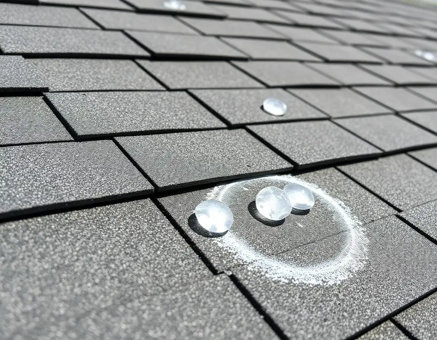 Hailstones inside a chalk circle on gray asphalt shingles