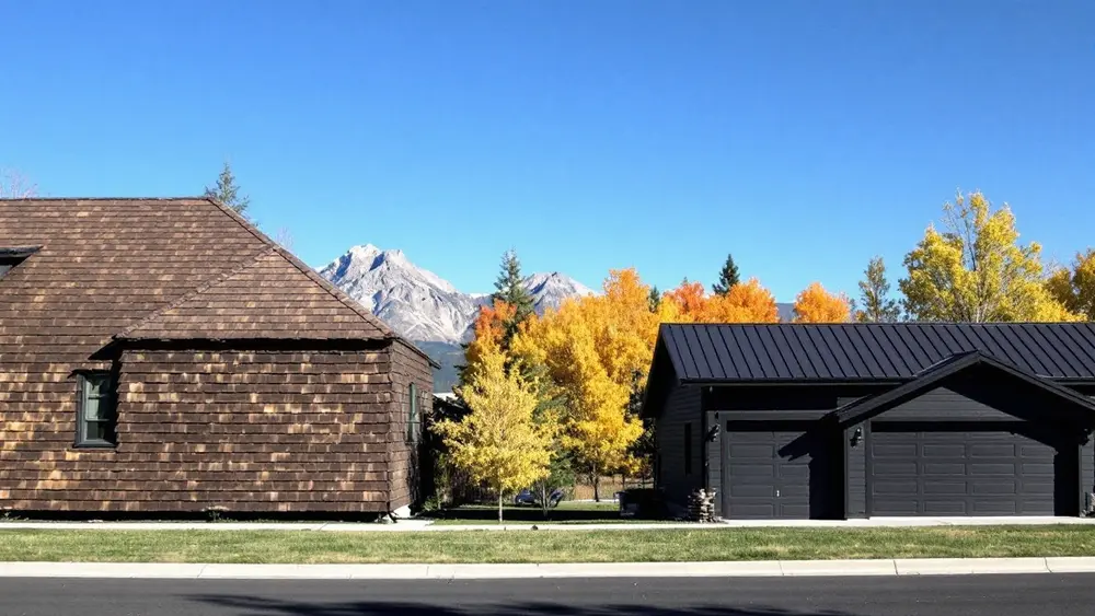 A house clad and roofed in weathered cedar shakes beside a home with a dark standing seam metal roof, autumn trees and a mountain behind