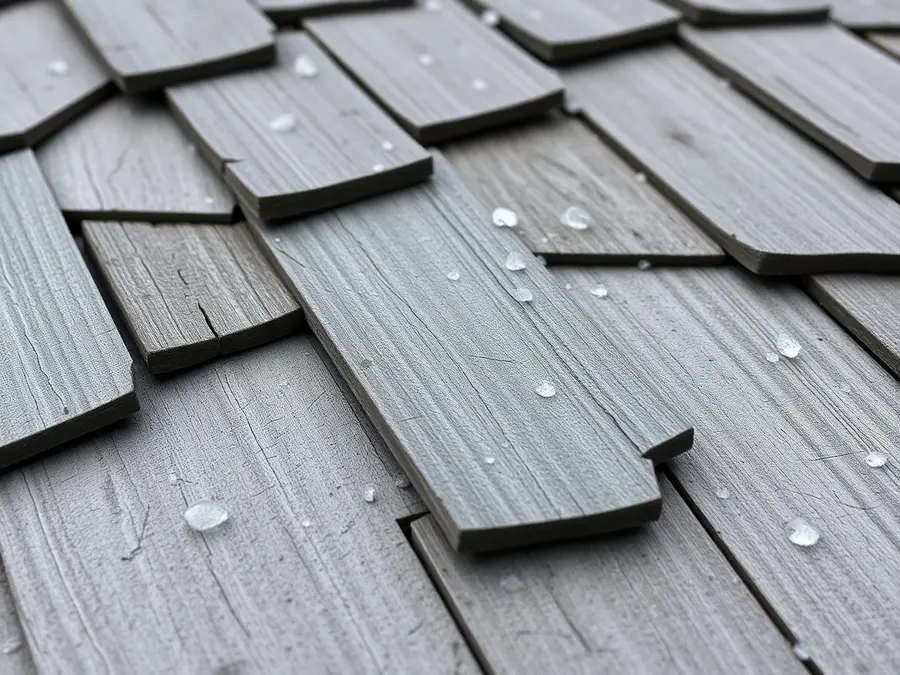 Weathered gray wood shakes with splits along the grain and small hailstones scattered on top