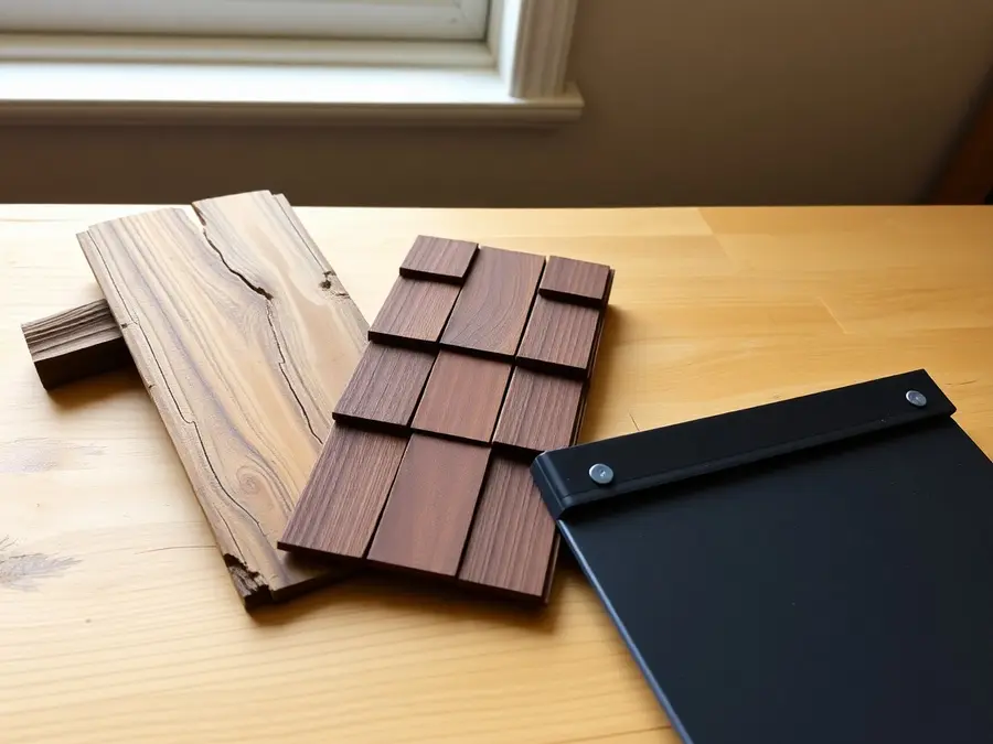 A weathered split cedar shake, a brown shake-style panel and a dark steel roof panel side by side on a workbench