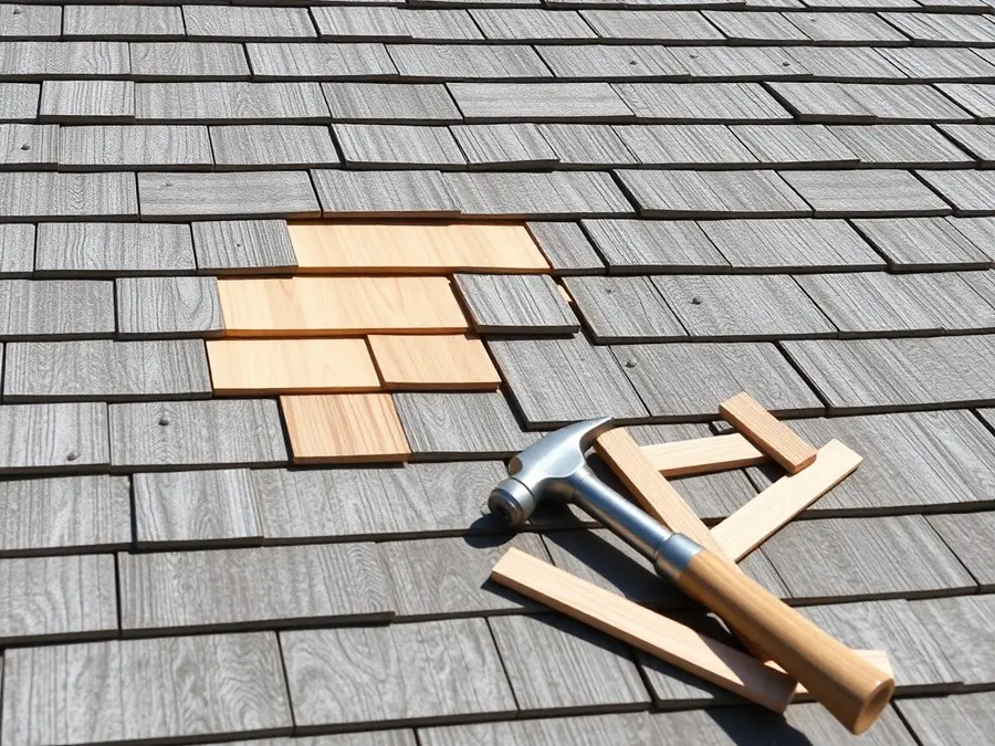 Patch of new light-tan cedar shakes among weathered gray shakes, with a hammer resting on the roof