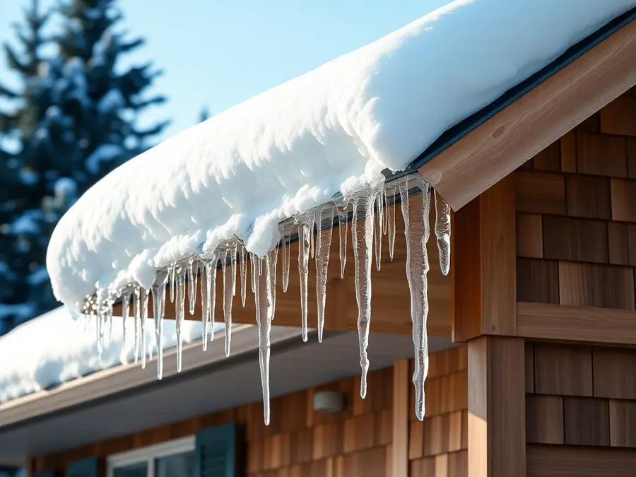 Deep snow hanging over a roof edge with a ridge of ice and long icicles along the eave