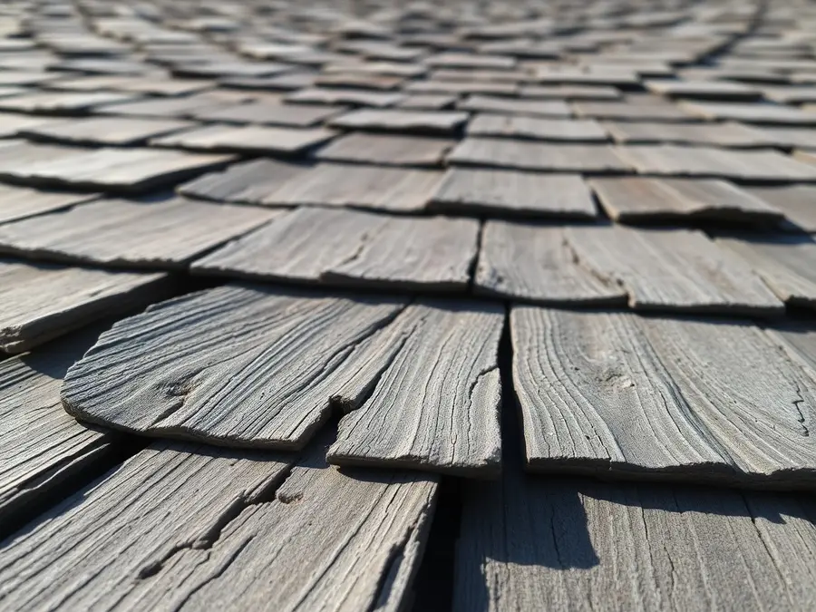 Close-up of sun-dried gray cedar shakes, cupped and split along the grain